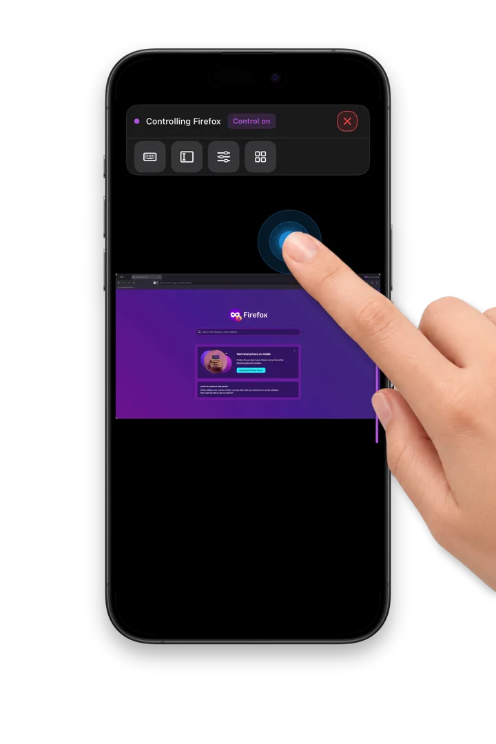 A finger tapping a remote Firefox window on a phone