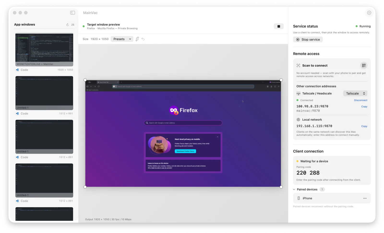 MainVac on the Mac: window list, live preview with crop handles, and connection panel